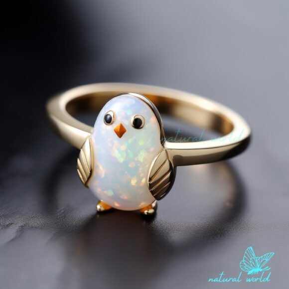 14k Gold Plated Gemstone Penguin Ring, Gold Ethiopian Opal Ring Custom Jewelry