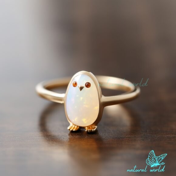14k Gold Plated Penguin Ring with Ethiopian Opal, Gold Cute Gemstone Manufacturer