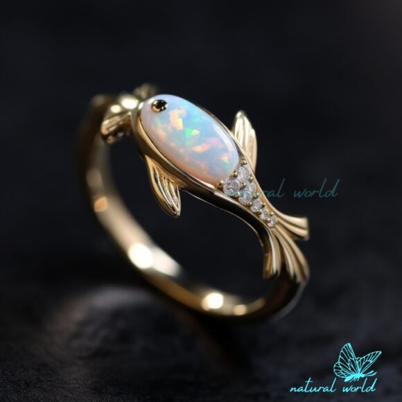 14K Gold Plated Opal Fish Ring, Beautiful Women's Fish Ring Manufacturer