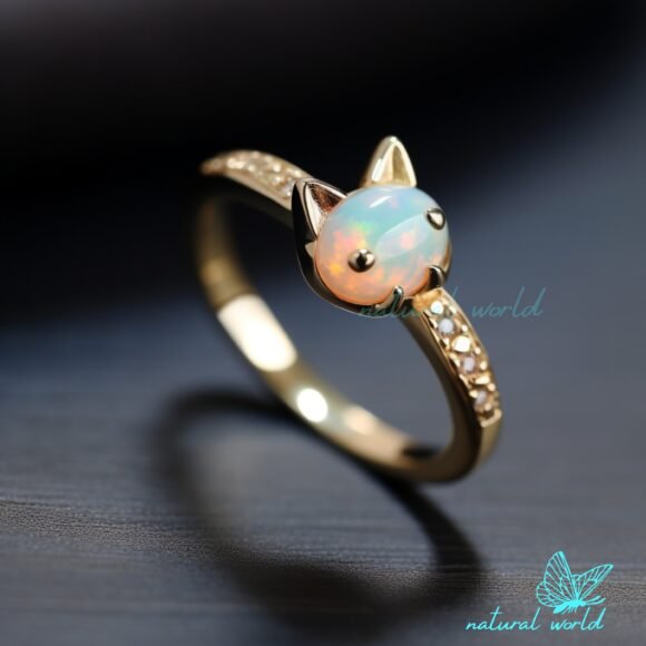 14K Gold Plated Gemstone Cute Cat Ring, Opal Gemstone Cat Design Delicate Ring USA