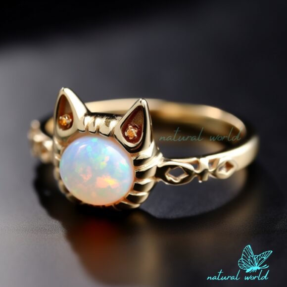 14K Gold Plated Gemstone Cute Cat Ring, Designer Gold Cat Luck Ring Manufacturer
