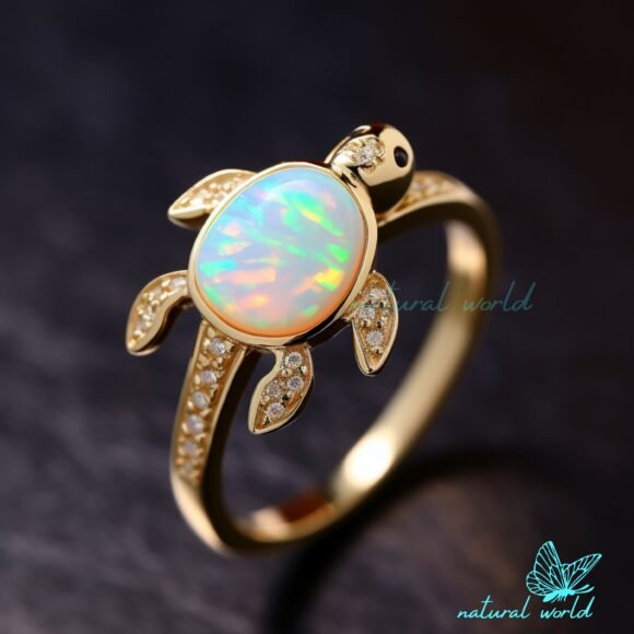 14K Gold Gemstone Tortoise Ring, Gold Ethiopian Turtle Ring, Sea Turtle Gold Ring USA