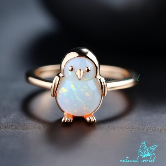 14k Gold Plated Penguin Ring with Ethiopian Opal, Penguin Bowtie Jewelry Supplier