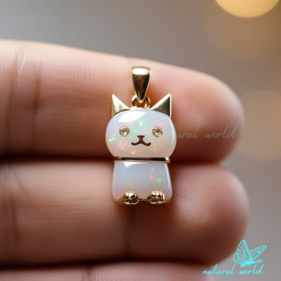 14K Gold Plated Gemstone Cat Pendant, Ethiopian Opal Cat Pendant Custom Jewelry