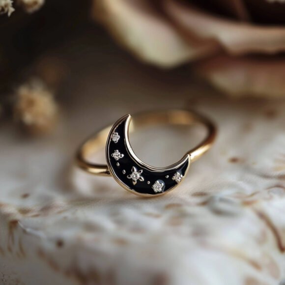 Diamond Enamel Moon Ring, Enamel Celestial Stacking Ring Custom Jewelry