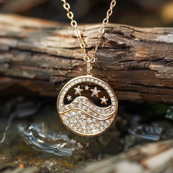 14k Gold Diamond Sunset Pendant, Pave Sunset Pendant, Gold Sun And Sea Jewelry Supplier