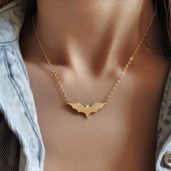 Private Label 14k Gold Bat Charm Necklace, Gold Halloween Bat Necklace, Tiny Gold Bat Necklace