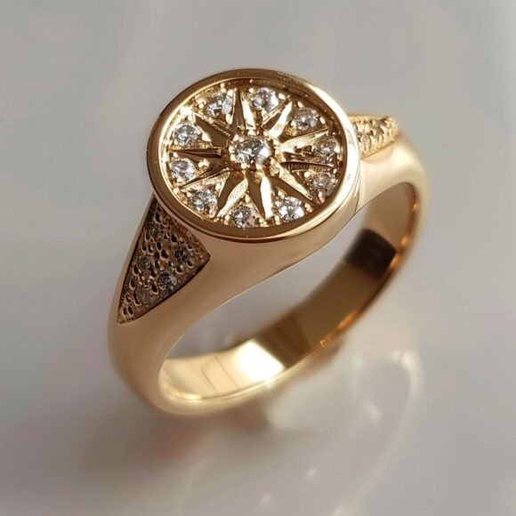 Gold Spiral Sun Signet Ring, Tribal Sun Ring Jewelry