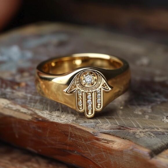 Diamond Hamsa Signet Ring, Gold Pinky Hamsa Ring, Good Luck Hamsa Ring