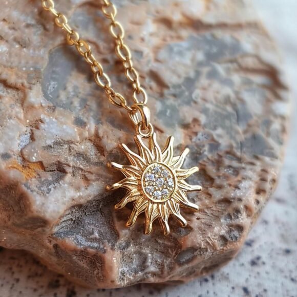 Diamond Sun Ray Pendant, Diamond Sunburst Pendant, Gold Sunshine Pendant