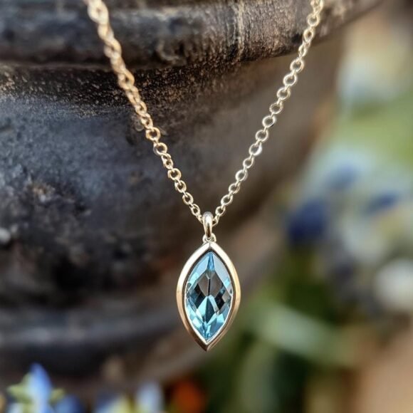 14K Gold Marquise Cut Gemstone Pendant, Aquamarine Marquise Pendant