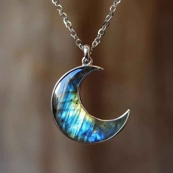 925 Silver Gemstone Half Moon Pendant, Carved Half Moon Pendant