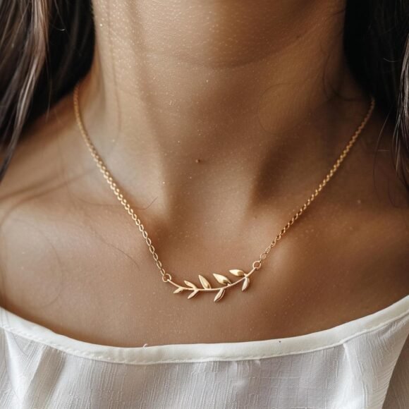 Moissanite Leaf Delicate Necklace, Gold Leaf Bar Necklace