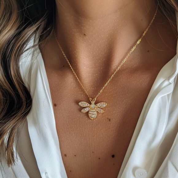 Diamond Honey Bee Pendant, Pave Realistic Bee Necklace