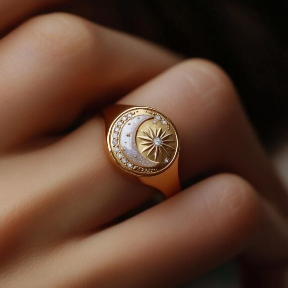 14K Gold Gemstone Moon Ring, Gemstone Crescent Moon Star Ring