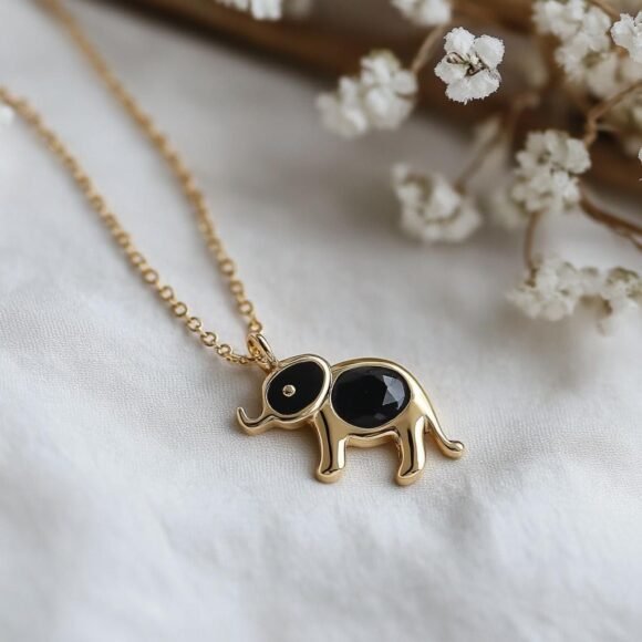 14k Gold Gemstone Carved Elephant Pendant, Carved Elephant Pendant