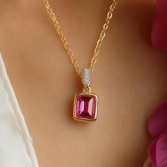 14k Gold Ruby Square Charm, Ruby Emerald Cut Charm Pendant , Gold Tiny Emerald Cut Charm