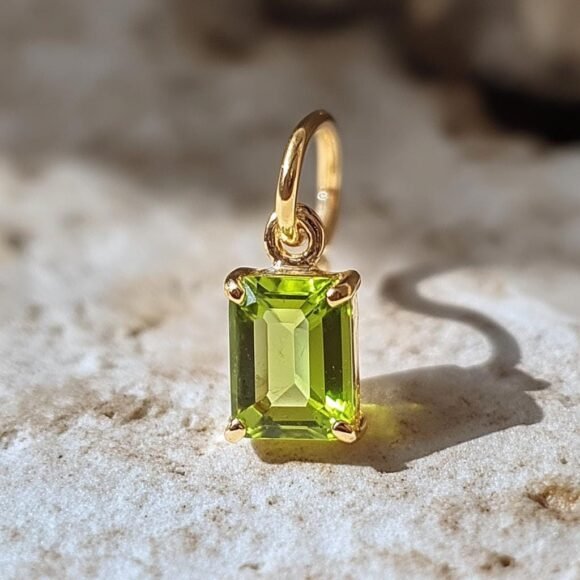 14K Gold Peridot Emerald Cut Solitaire Pendant, 14K Gold Emerald Cut Gemstone Pendant