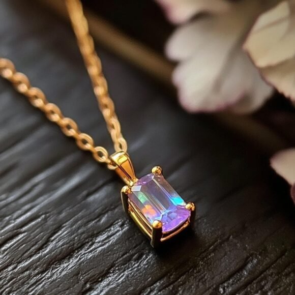 Rainbow Moonstone Emerald Cut Pendant, 14K Gold Square Solitaire Pendant