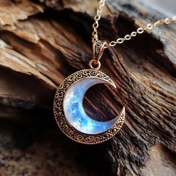 14K Gold Gemstone Half Moon Pendant, Moonstone Half Moon Pendant