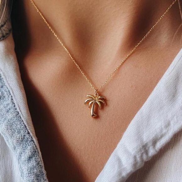 14K Gold Palm Tree Pendant, Gold Summer Beach Tree Jewelry