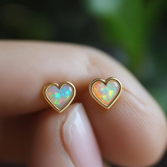 14k Gold Heart Stud Earrings, Gold Gemstone Heart Stud Earring