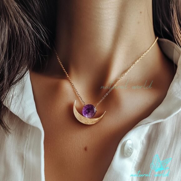 14K Gold Half Moon Pendant, Gemstone Crescent Pendant